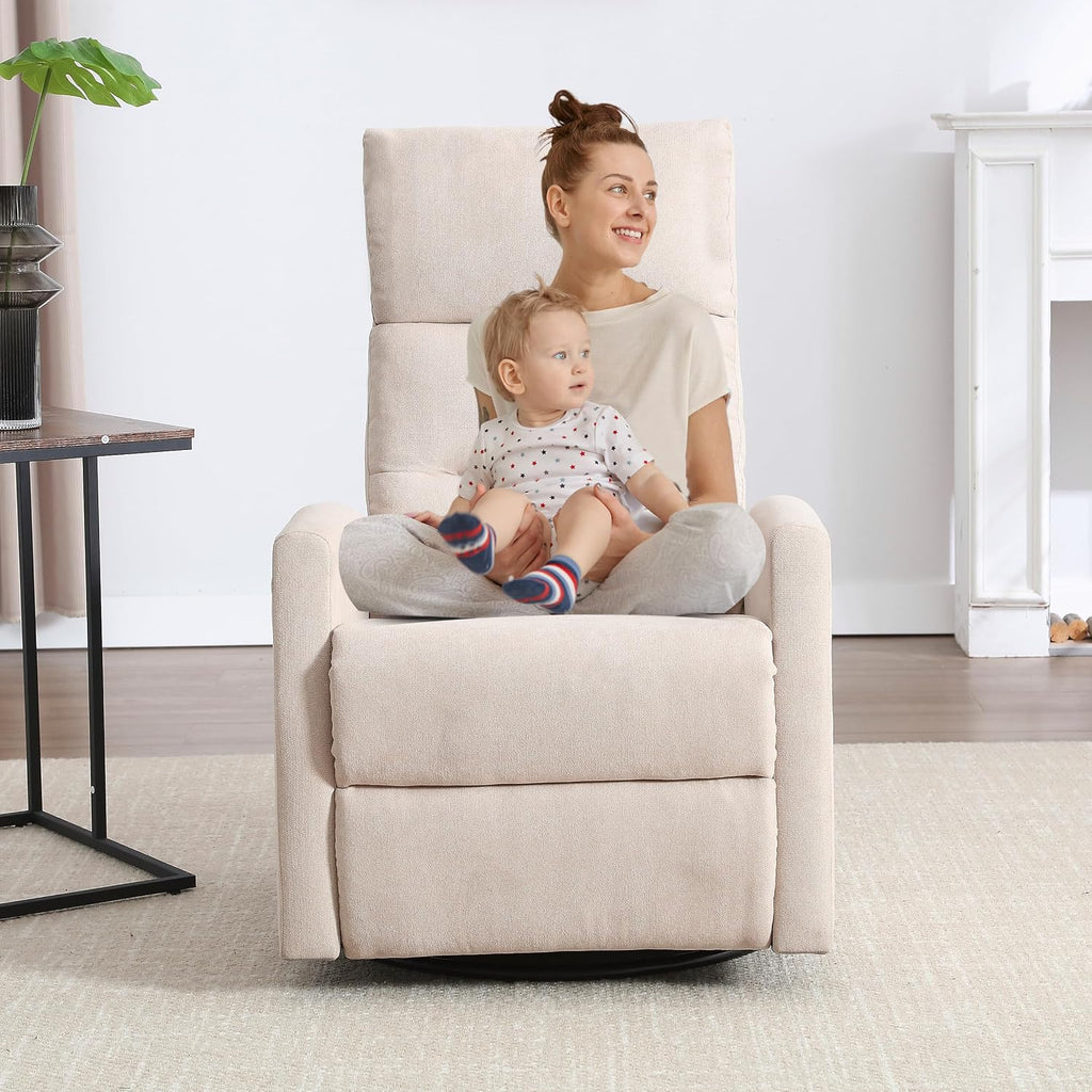 360° Swivel Rocking Chair for Nursery, Manual Glider Chair Nursing Chair with Side Pockets, Polyester Glider for Living Room, Heavy Duty Motion Mechanism, Beige