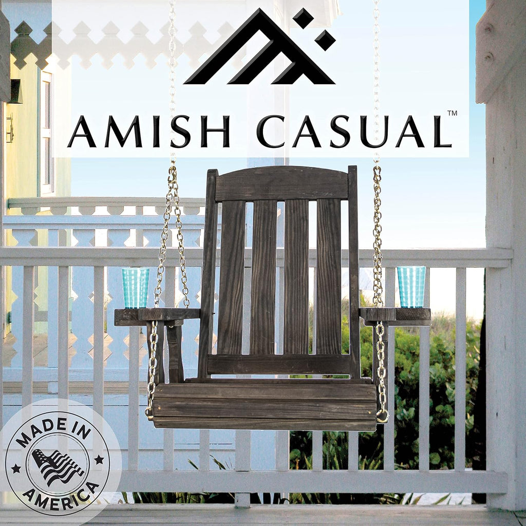 Amish Casual Heavy Duty Mission Pressure Treated Swing Chair with Cupholders (Semi-Solid Black Stain)