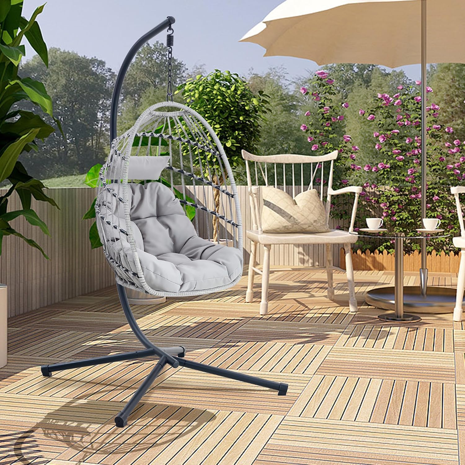 Egg Chair with Stand – Faux Rattan Wicker Hanging Hammock Chair, Soft Cushions & Pillow, Titanium Alloy Frame, UV-Resistant, All-Weather, Easy Assembly, 350 lbs Capacity for Patio, Garden, Balcony