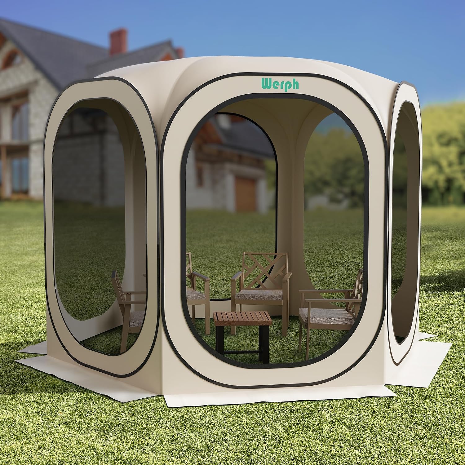Werph 10x10 Pop Up Screen Tent, Mosquito Net Gazebo, UV Resistant Roof Waterproof Screen Canopy, Quick Setup Outdoor Shelter for Backyard, Patio, Garden, Picnic, Camping and Events, Beige