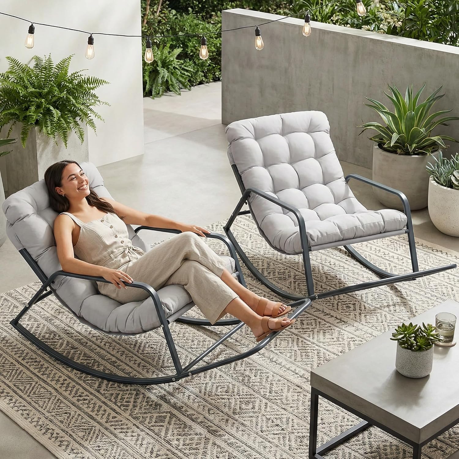 NICESOUL Set of 2 Papasan Rocking Chair with Footrest, Outdoor Rocking Chair with Cushion, Oversized Patio Rocker, Modern Lounge Comfort, Heavy Duty Steel Frame, Indoor Porch, Grey
