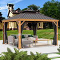 Kozyard Apollo 12'x12' Hardtop Gazebo, Wooden Coated Aluminum Frame Canopy with Galvanized Steel Double Roof, Outdoor Permanent Metal Pavilion with Netting for Patio, Deck and Lawn (12ft x 12ft)