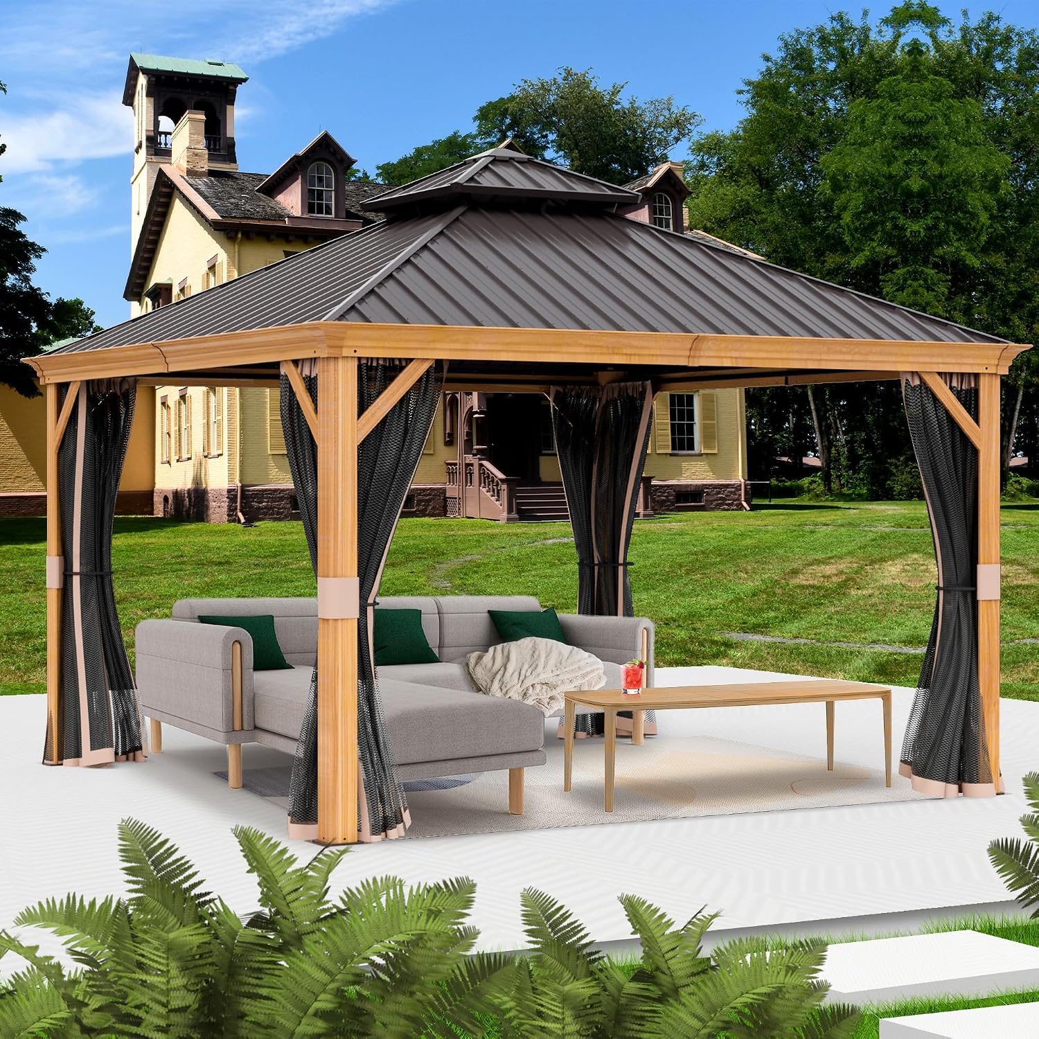 Kozyard Apollo 12'x12' Hardtop Gazebo, Wooden Coated Aluminum Frame Canopy with Galvanized Steel Double Roof, Outdoor Permanent Metal Pavilion with Netting for Patio, Deck and Lawn (12ft x 12ft)