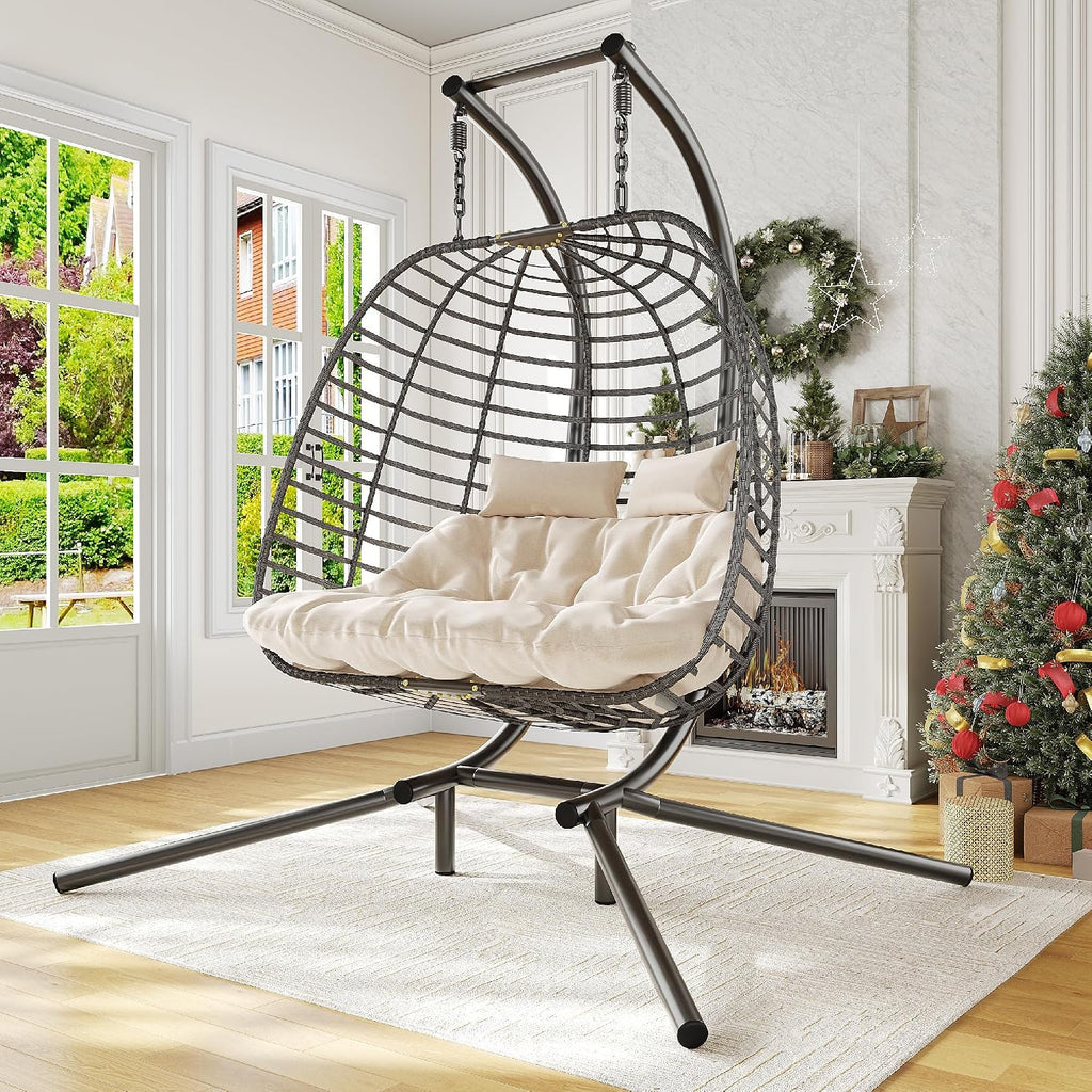 Double Hanging Egg Chair wth Stand, Patio Hammock Swing Chair with Cushion Loveseat for Bedroom, Balcony, Garden, Indoor, Outdoor, Beige