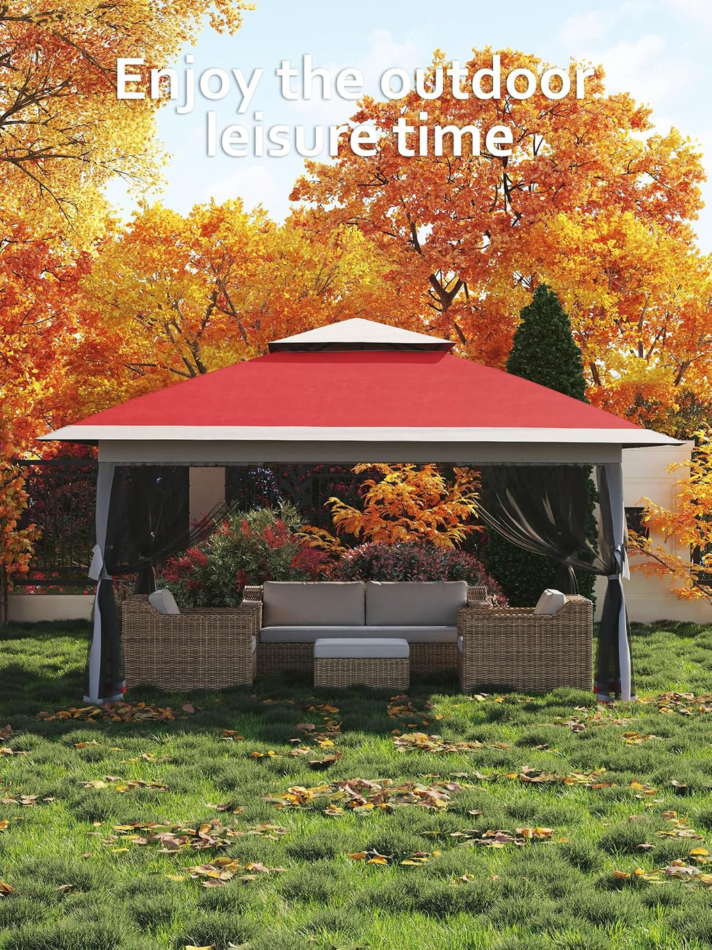 13 X 13 Pop Up Gazebo with Mosquito Netting,Outdoor Patio Gazebo,Outdoor Canopy Tent with Mosquito Netting,Backyard Tent,Red + Light Grey