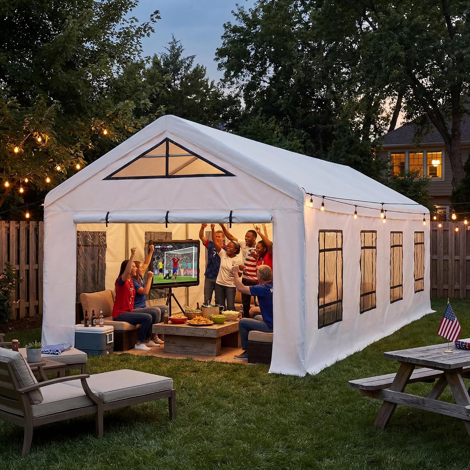 Sunjoy 12 x 30 ft. Party Wedding Tent, Outdoor Heavy Duty Gazebo, Steel Frame PVC Canopy Carport with 8 Side Removable PE Windows and 2 Roll-up Side Walls, White