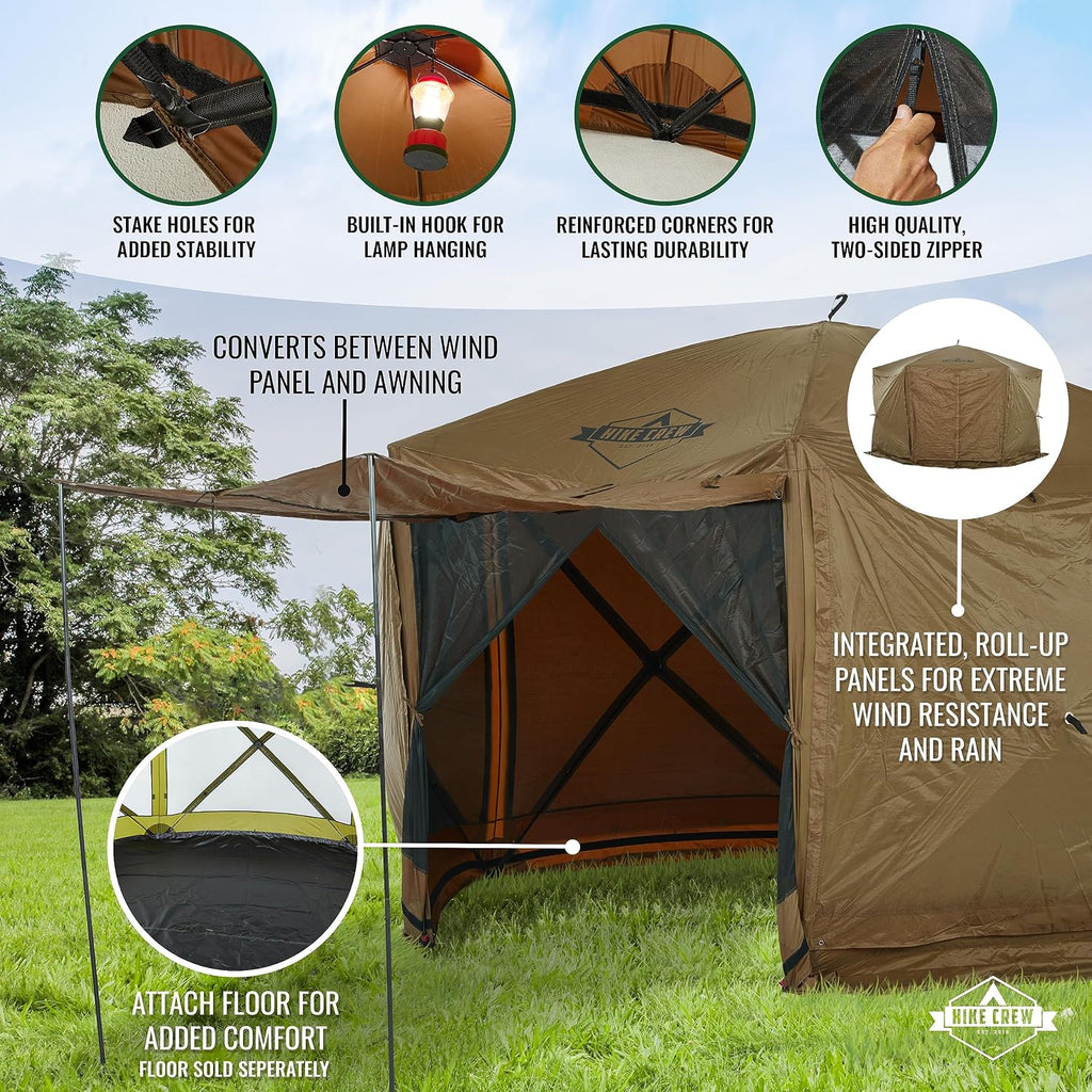 Hike Crew 12'x12' Pop-Up Gazebo Screen Tent | 6-Sided Outdoor Canopy Shelter w/Built-in Zippered Wind Panels, Built-in Awning, Stakes, Ropes & Carry Bag for Camping & Sports | UV Resistant SPF 50+