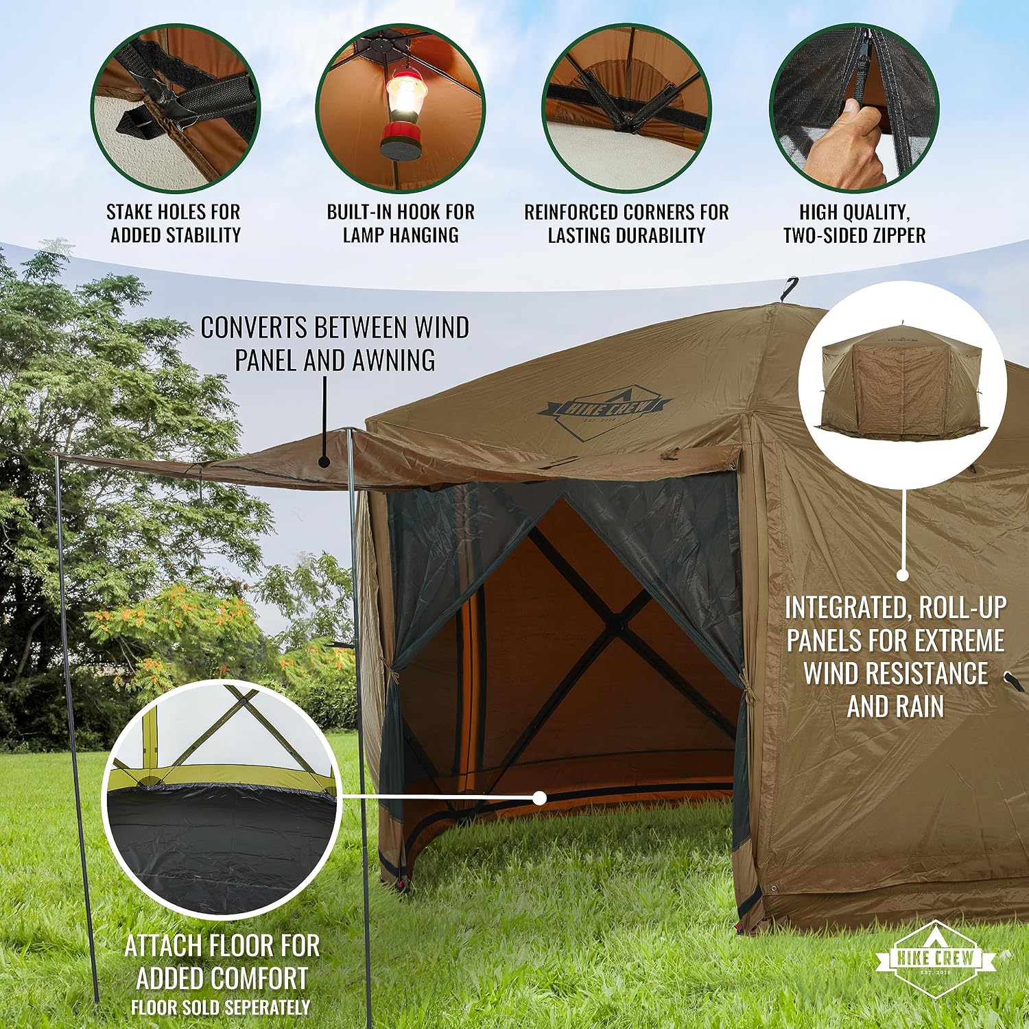Hike Crew 12'x12' Pop-Up Gazebo Screen Tent | 6-Sided Outdoor Canopy Shelter w/Built-in Zippered Wind Panels, Built-in Awning, Stakes, Ropes & Carry Bag for Camping & Sports | UV Resistant SPF 50+