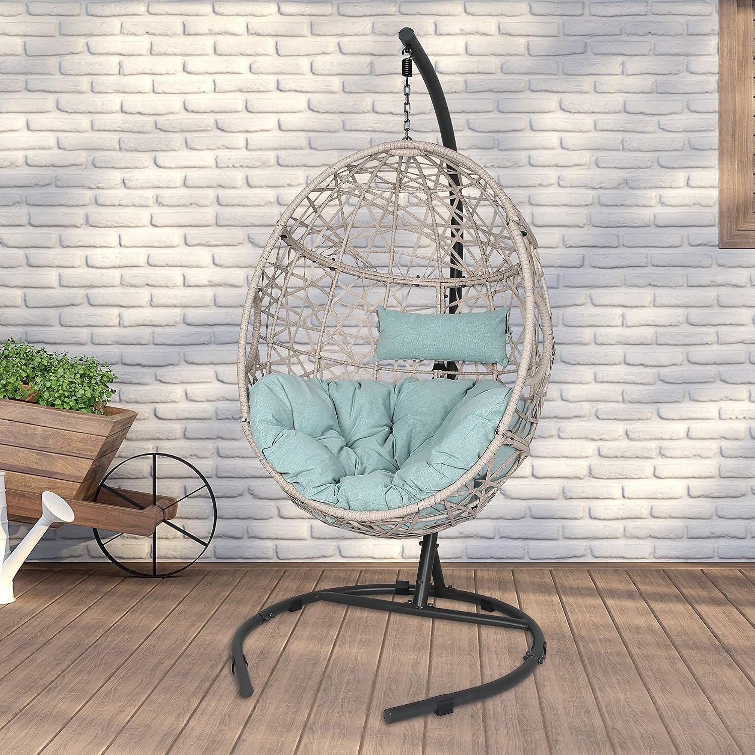 Outdoor Rattan Egg Hanging Swing Chair with Cushions and Stand (Blue)