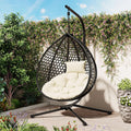 Polibi Hanging Egg Chair with Stand - PE Rattan Indoor Outdoor Swing Chair Heavy Duty 330lbs - Breathable Hollowed Design & Adjustable Headrest - Patio Balcony Garden Lounger,Black+Beige