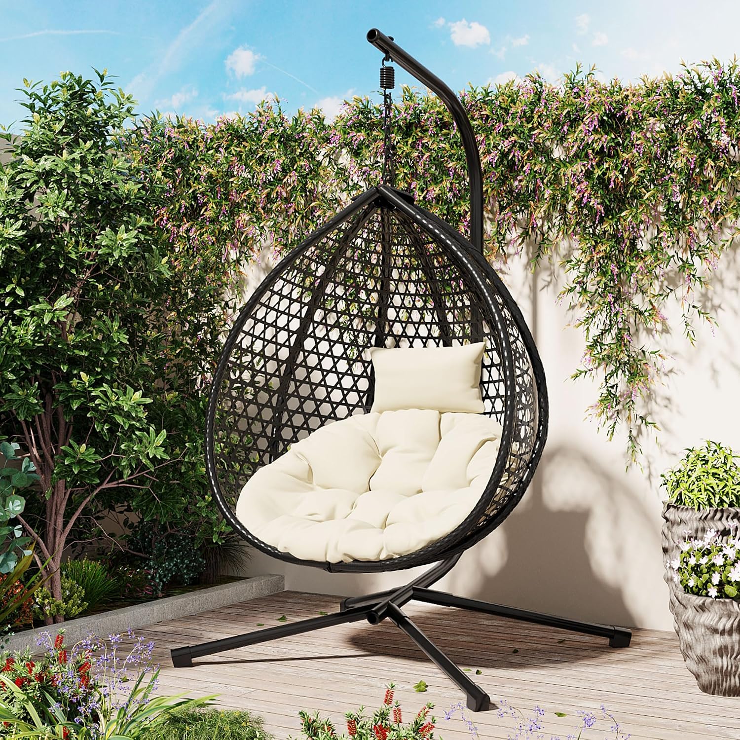 Polibi Hanging Egg Chair with Stand - PE Rattan Indoor Outdoor Swing Chair Heavy Duty 330lbs - Breathable Hollowed Design & Adjustable Headrest - Patio Balcony Garden Lounger,Black+Beige
