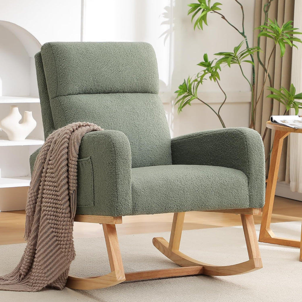 HCHAIRH Rocking Chair Nursery, Boucle Teddy Nursing Rocking Chairs, Upholstered Nursery Glider Rocker for Mom Nursery Morden Accent Rocking Chair with Side Pocket for Living Room,Bedroom, Green
