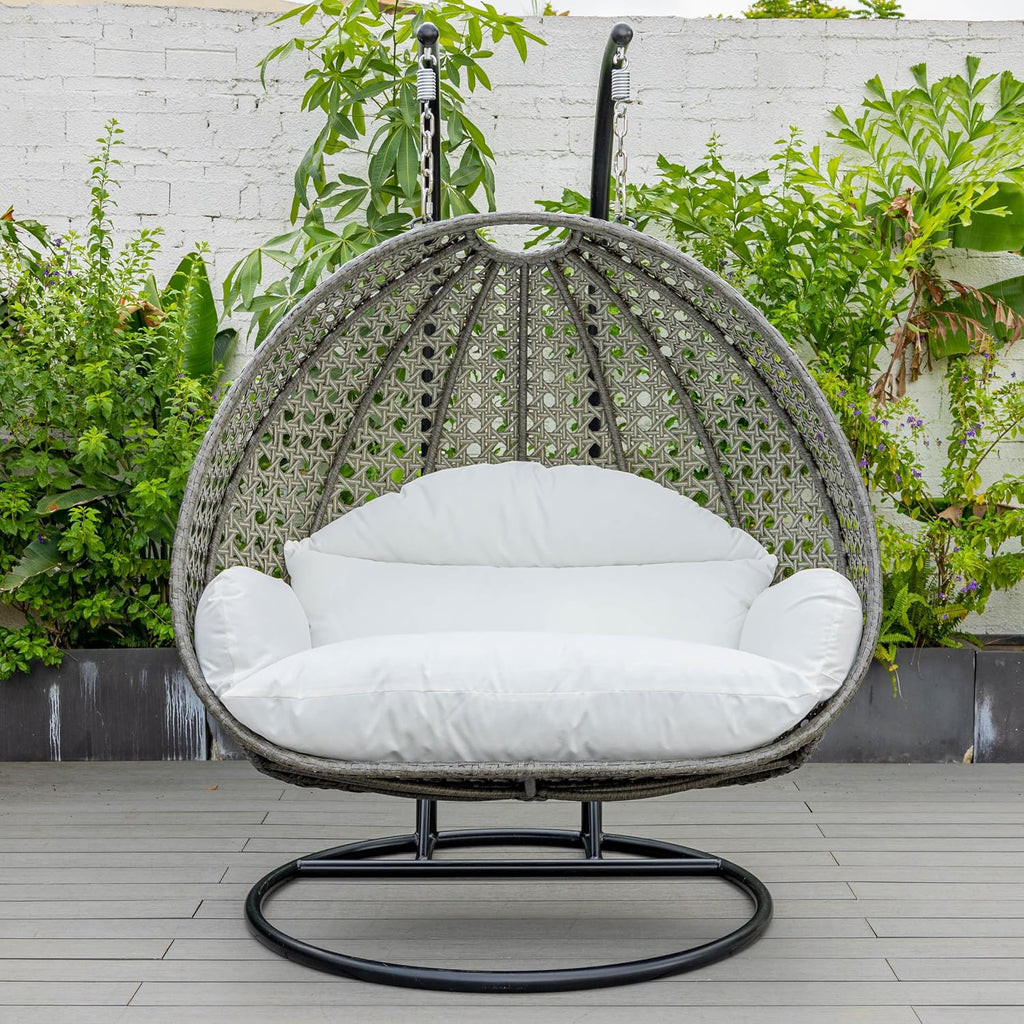 LeisureMod 2 Person Wicker Hanging Egg Chair, Indoor Outdoor Patio Swing with Black Stand & UV-Resistant Cushions, Lounge Chair for Bedroom & Garden, White