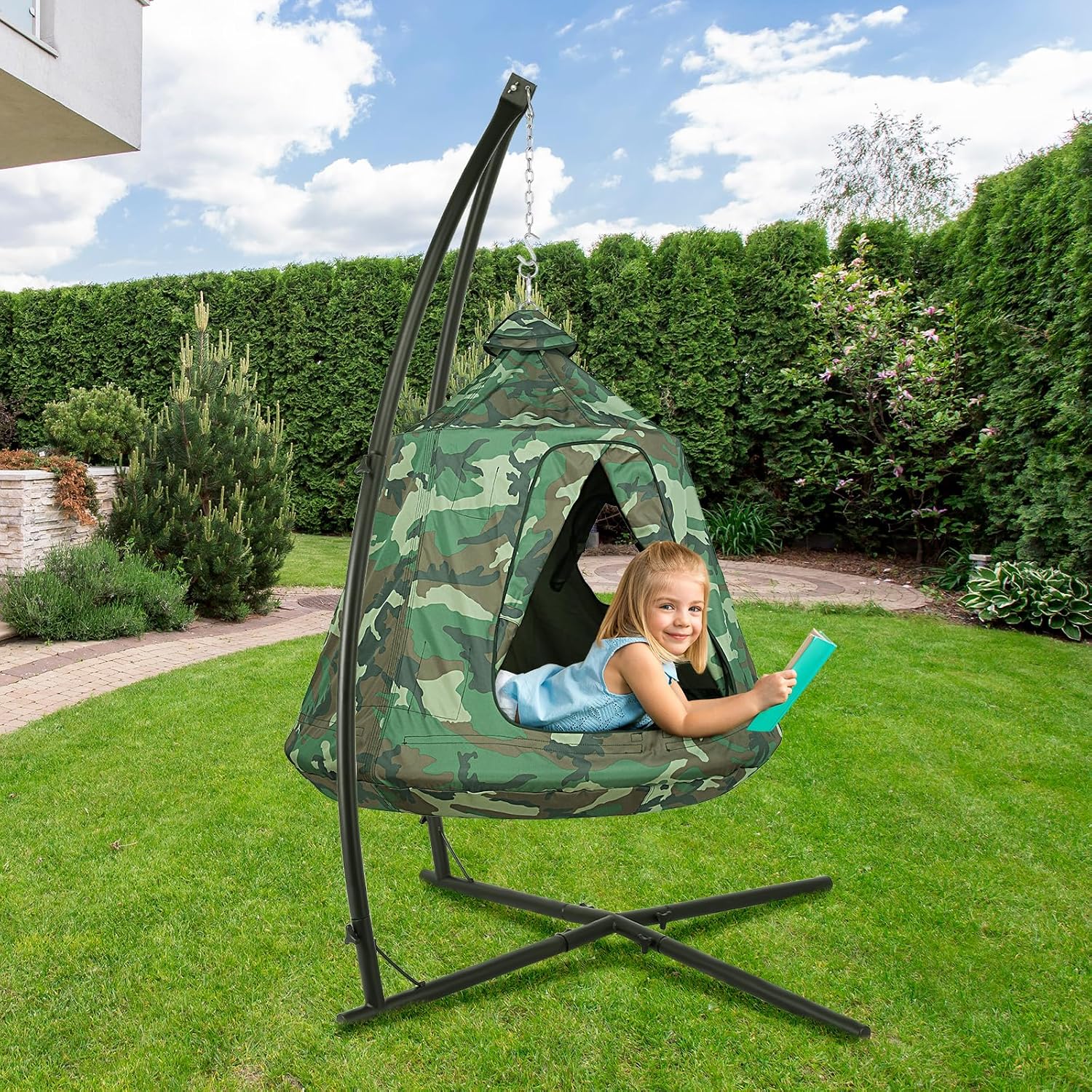 Arlopu Hanging Hammock w/Tree Tent, Indoor Metal Swing Chair w/Play Tent, Outdoor Egg Basket Patio Seat w/Adjustable Solid Stand (Camouflage)