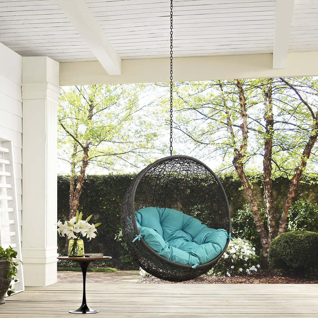 Modway Hide Wicker Rattan Outdoor Patio Swing Chair with Hanging Steel Chain in Gray Turquoise
