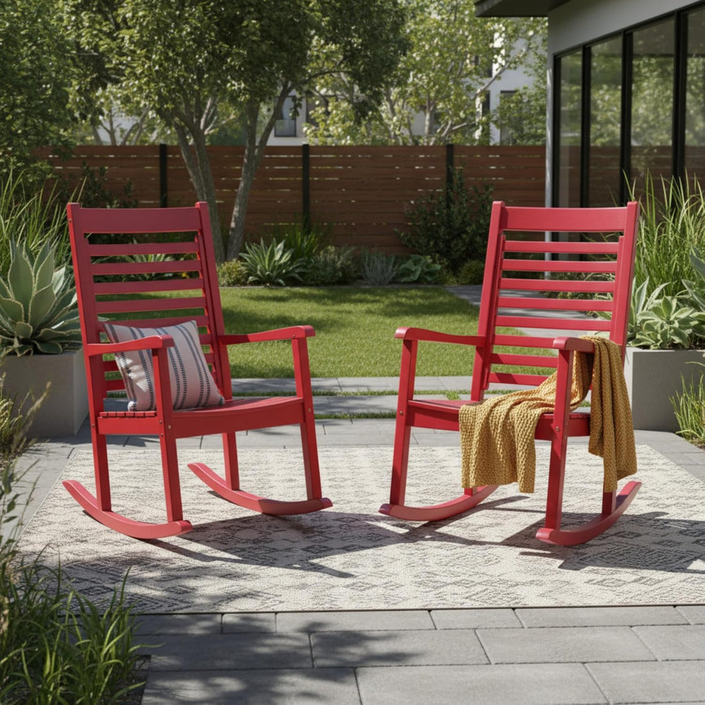 Shine Company Modern Wood Rocking Chairs, Ergonomic Wide Seat Porch Rockers, 2-Pack, Chili Pepper