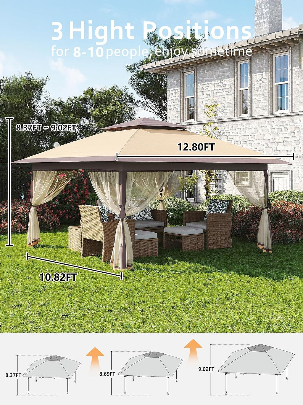 13x13 Pop Up Gazebo, Outdoor Canopy Tent with Mosquito Net, Height Adjustable Canopy Gazebo, Large Shade Tent for Camping, Lawn, Backyard, Garden, Patio