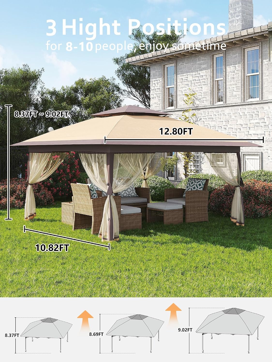 13x13 Pop Up Gazebo, Outdoor Canopy Tent with Mosquito Net, Height Adjustable Canopy Gazebo, Large Shade Tent for Camping, Lawn, Backyard, Garden, Patio