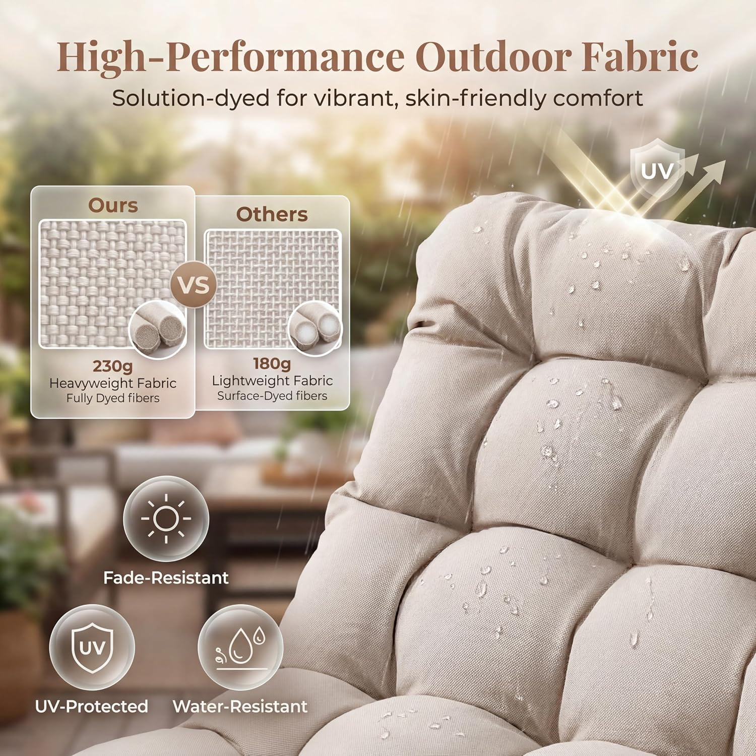 BULEXYARD Beige 2 Pcs Oversized Indoor Outdoor Lounge Royal Rocking Chair with Armrest Footrest for Napping Relaxing, Heavy Duty Patio Reclining Papasan Rocker Chair with Padded Cushion