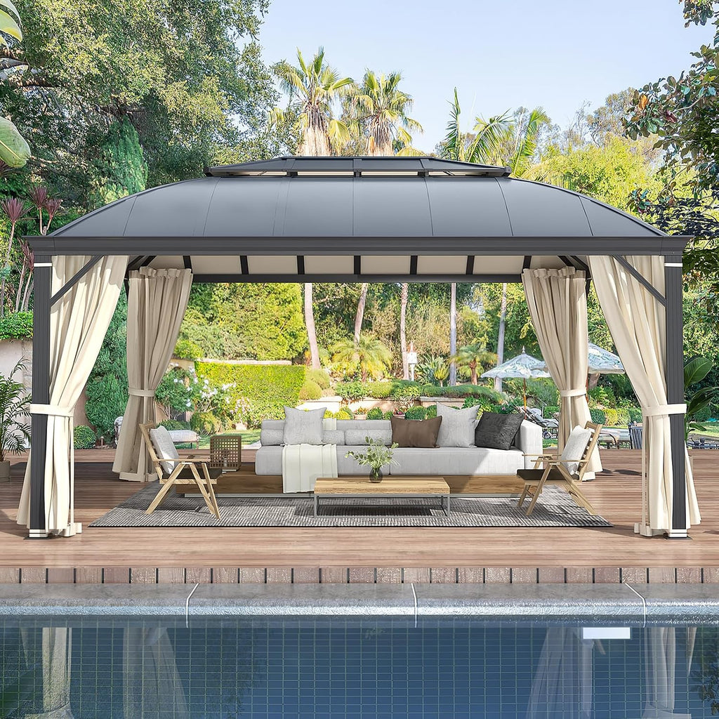 YOLENY 12'x16' Hardtop Gazebo, Permanent Outdoor Aluminum Patio Gazebo with Aluminum Composite Double Arc Roof for Patio Lawn and Garden, Curtains and Netting Included