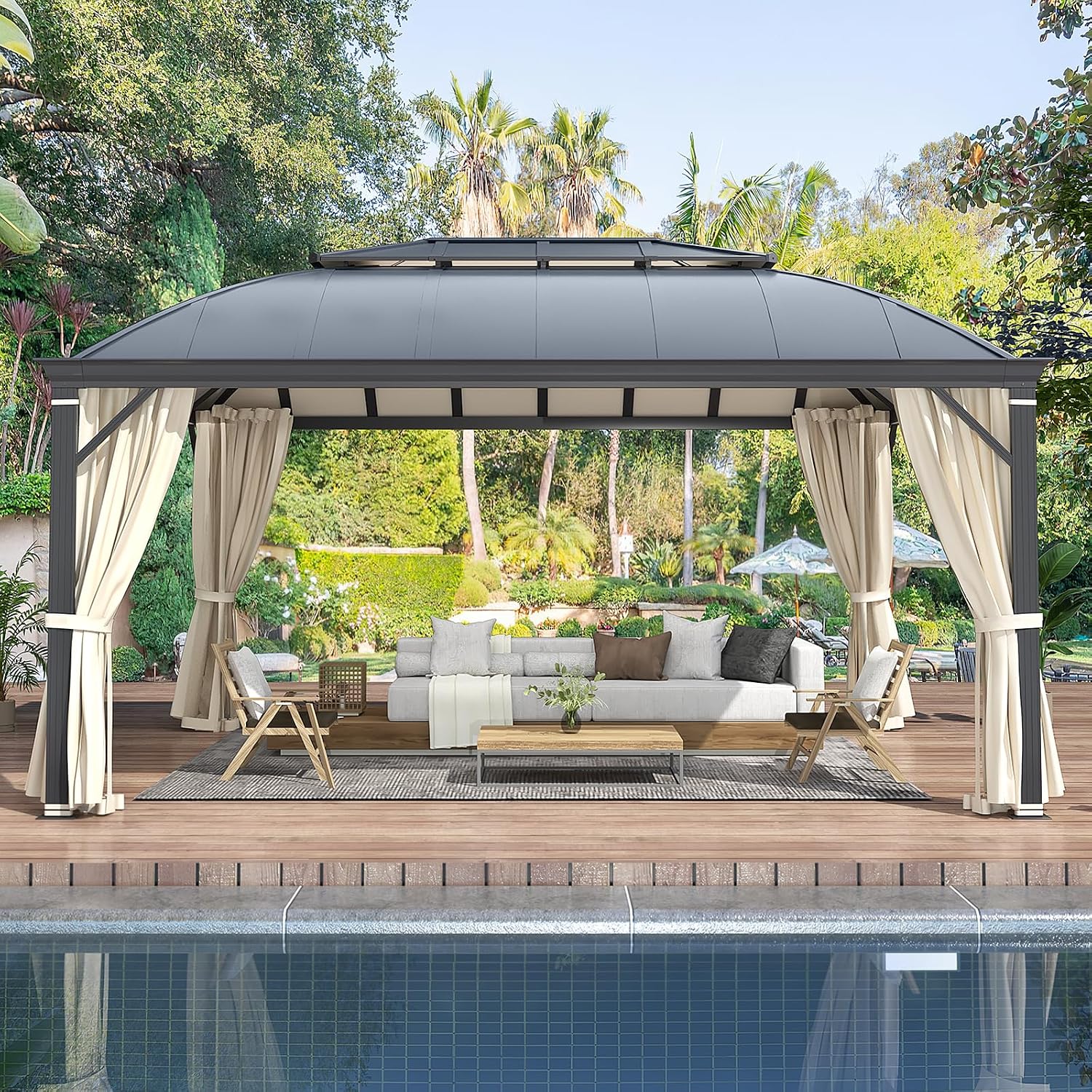YOLENY 12'x16' Hardtop Gazebo, Permanent Outdoor Aluminum Patio Gazebo with Aluminum Composite Double Arc Roof for Patio Lawn and Garden, Curtains and Netting Included