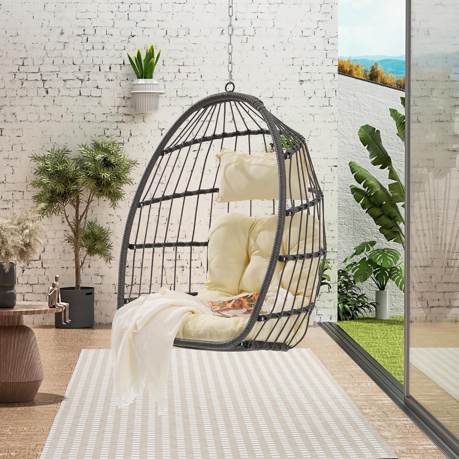 55.6' Outdoor Garden Rattan Egg Swing Chair,Patio UV Resistent PE Hanging Chairs with Cushion,Galvanized Steel Frame,Load: 360lbs,All Weather Foldable Hammock for Bedroom,Porch,Khaki+Yellow