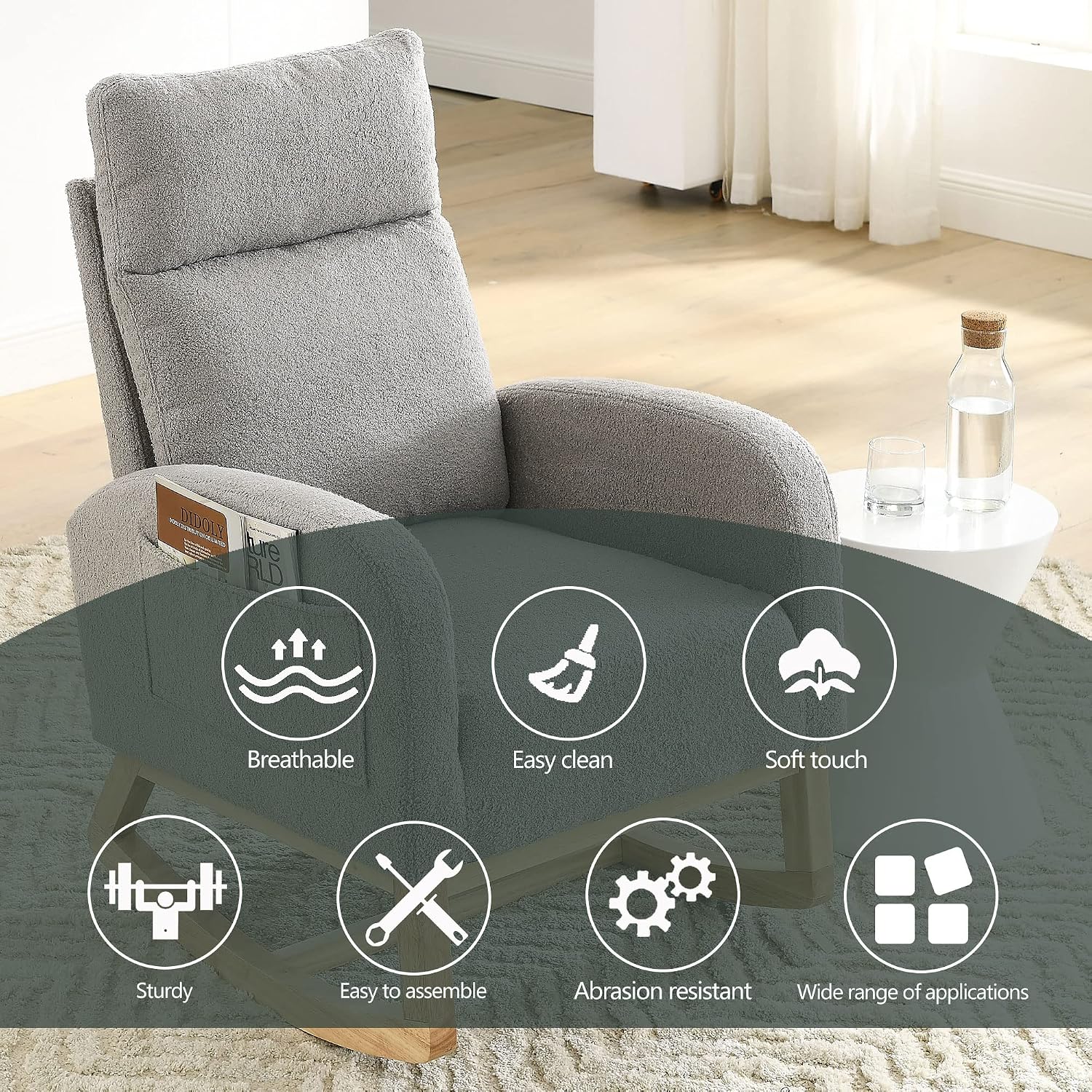 Nursery Rocking Chair with Solid Wood Legs, Glider Chair for Nursery with Two Side Pockets, Rocker Armchair for Living Room Bedroom (Grey, Teddy Fabric)
