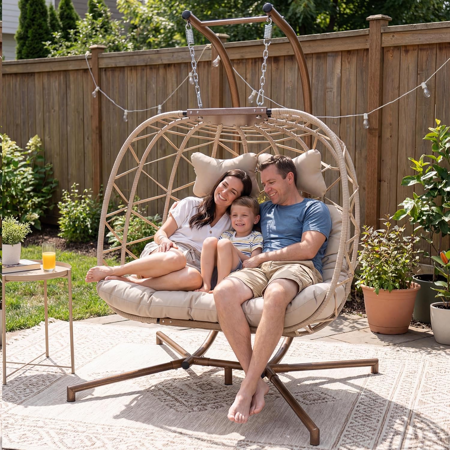 BULEXYARD 2 Person Hanging Egg Chair with Stand, Extra Large Wicker Patio Hammock Loveseat Swing, Oversized Cushioned Double Swing Chair for Indoor Outdoor Garden Balcony Backyard, Beige