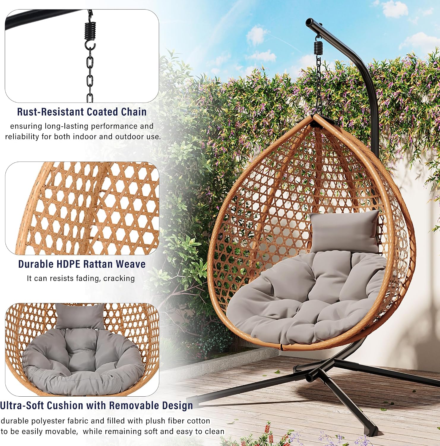 Polibi Hanging Egg Chair with Stand - PE Rattan Indoor Outdoor Swing Chair Heavy Duty 330lbs - Breathable Hollowed Design & Adjustable Headrest - Patio Balcony Garden Lounger,Brown+Yellow+Grey