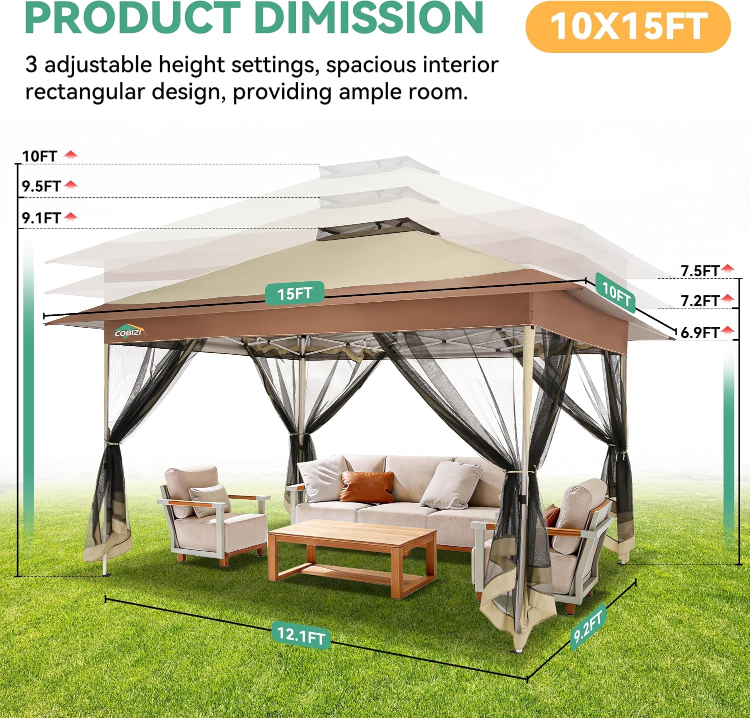 COBIZI 10x15 FT Pop up Gazebo on Clearance - Outdoor pop up Heavy Duty Canopy Tent,carpas para Patio,Screen Tents with Portable Carry Bag, Patio Gazebos for Camping, Garden, Deck, Backyard, Khaki