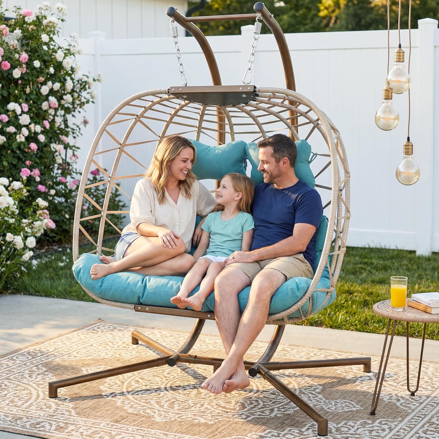 BULEXYARD Double Egg Chair with Stand Indoor Outdoor 2 Person Large Wicker Hanging Swing Chair Oversized Twins Patio Loveseat 2 Seat Beige Rattan Light Green Cushions