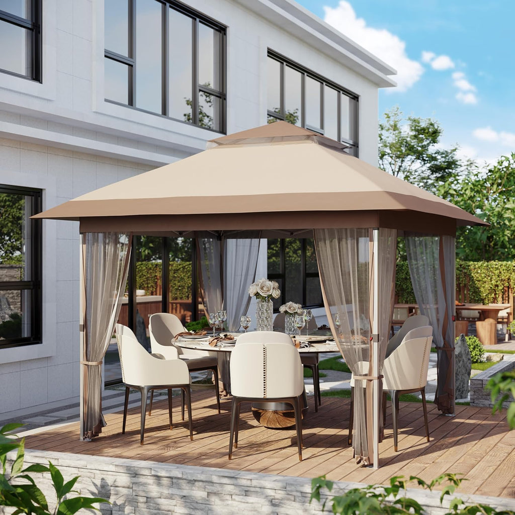 GarveeLife 10x10 Canopy Tent, Pop Up Gazebo Tent with Mosquito Netting, Outdoor Canopy with 4 Sandbags & Wheeled Bag & Height Adjustable, Pop Up Gazebo for Patio Garden Backyard Lawn Deck