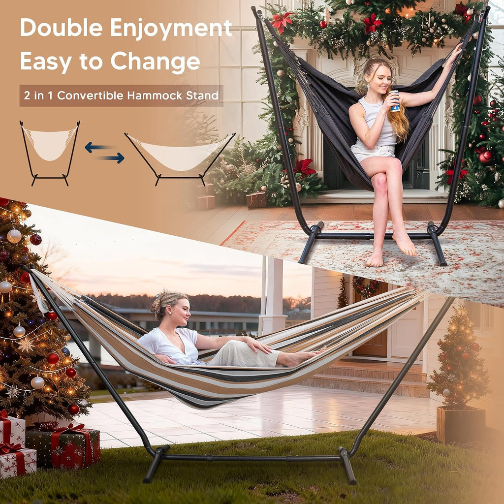 SUNCREAT 2-in-1 Convertible Double Hammocks 2 Person Heavy Duty, Large Patio Hammock with Space Saving Stand, Patented, Coffee Stripe