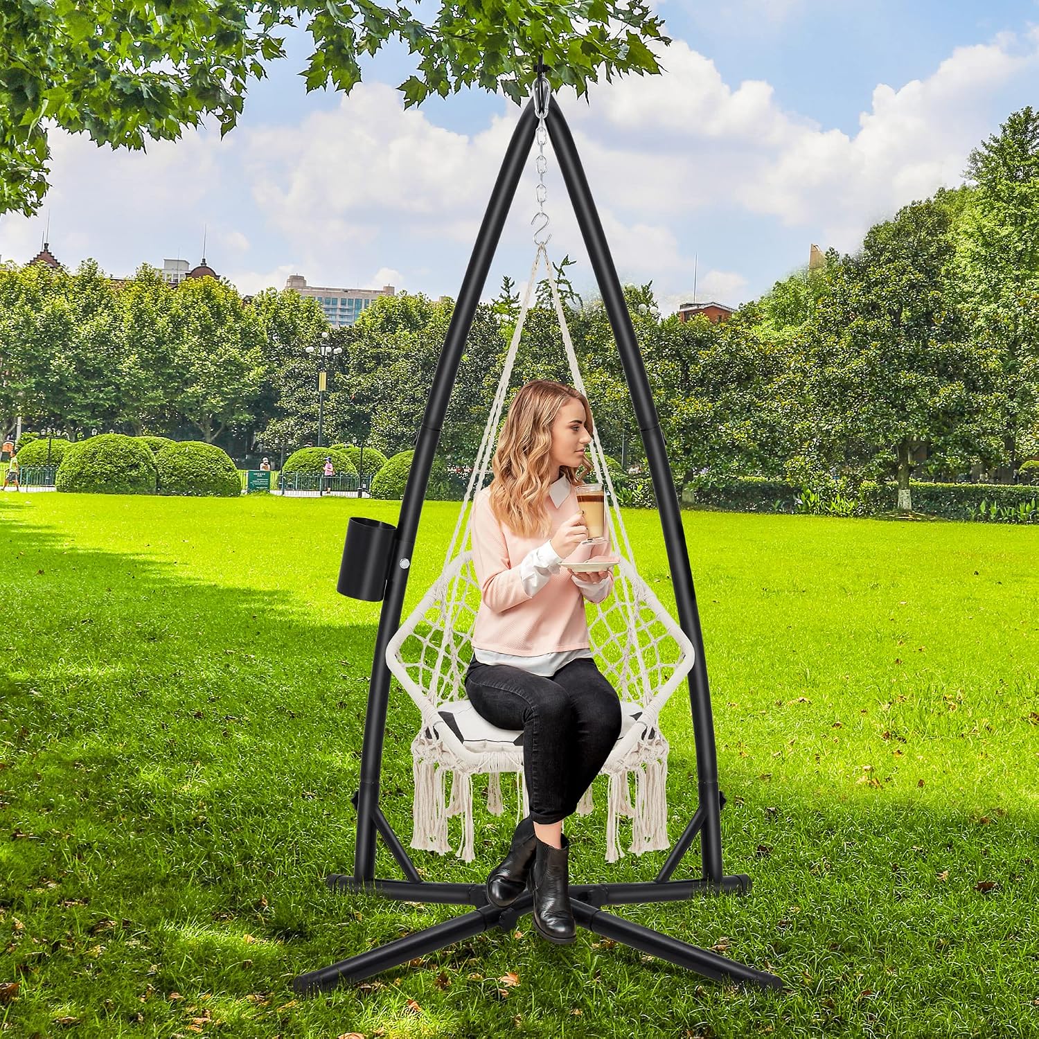 Eusuncaly Hanging Hammock Chair Stand Swing Chair Stand for Indoor/Outdoor,C-Type Solid Steel Heavy Duty Hammock Chair Stand,Weight Capacity 440 Lbs Hanging Chair Stand Only Black AD333