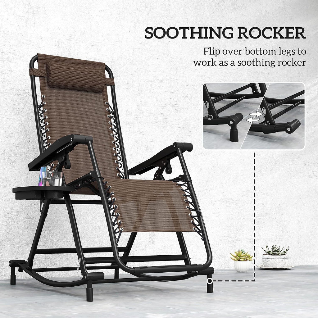 Outsunny Outdoor Rocking Chairs, Foldable Reclining Zero Gravity Lounge Rocker with Pillow, Cup & Phone Holder, Combo Design with Folding Legs, Brown