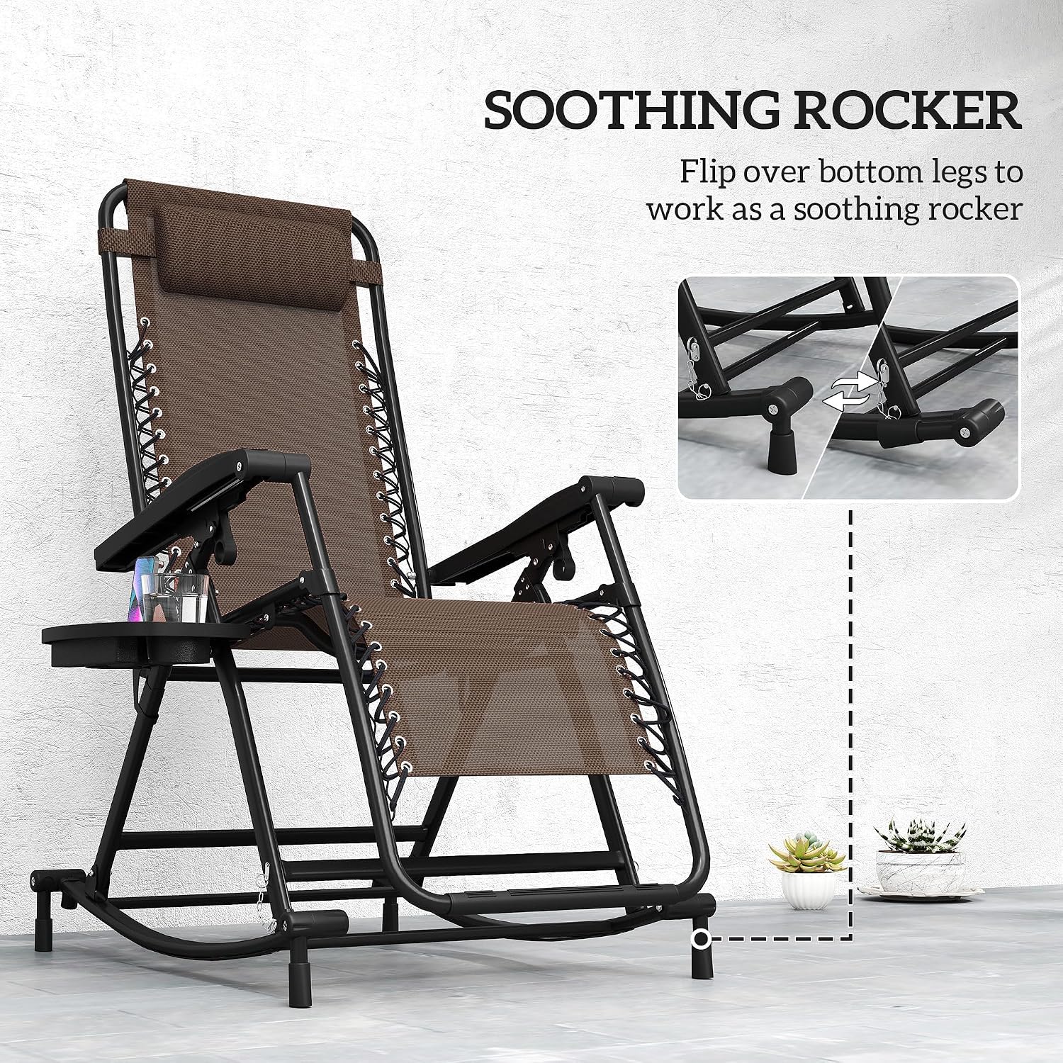 Outsunny Outdoor Rocking Chairs, Foldable Reclining Zero Gravity Lounge Rocker with Pillow, Cup & Phone Holder, Combo Design with Folding Legs, Brown