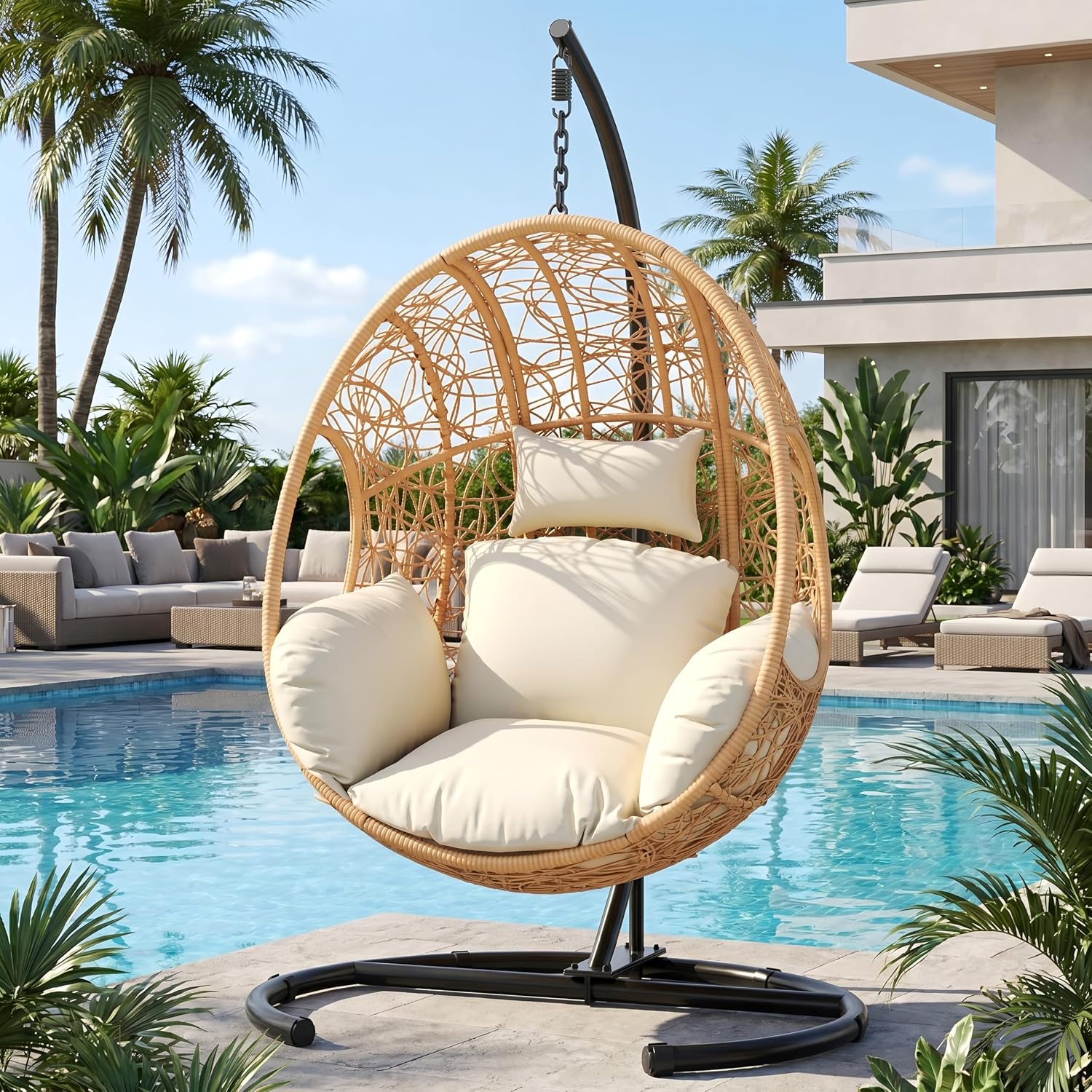 Oversized Hanging Egg Chair Set of 2 Outdoor Indoor, Wicker Swing Egg Chair with Stand 400lbs Capacity for Bedroom, Patio, Garden and Balcony