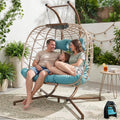 NICESOUL Double Egg Chair Outdoor Indoor, Oversized Swing with Stand for 2, All-Weather Rattan Hanging Loveseat Comfy, Patio Swing Seat with Cushion & Cover for Living Room, Porch, Beige & Teal
