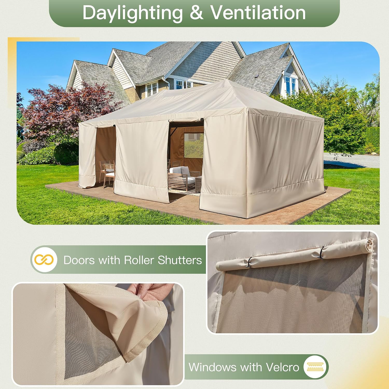 YOLENY Winter Gazebo Cover for 12×20 Hardtop Gazebo, Gazebo Accessories for All Seasons, Transform Your Gazebo for Winter, with Mesh Screens and Doors and Windows (Hardtop Gazebo Not Included), Beige