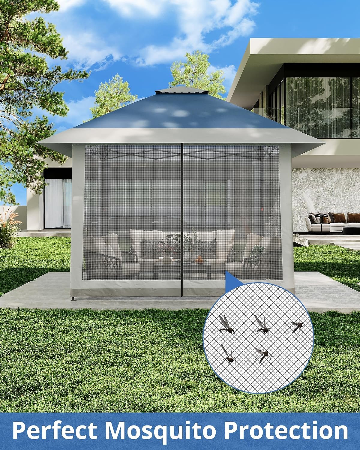 13'x13' Pop Up Gazebo, Outdoor Canopy Tent with Mosquito Netting, Pop Up Canopy with Double Roof Design & Adjustable Height, UV-Resistant Patio Gazebo Sunshade for Graden/Backyard/Lawn/Beach (Blue)