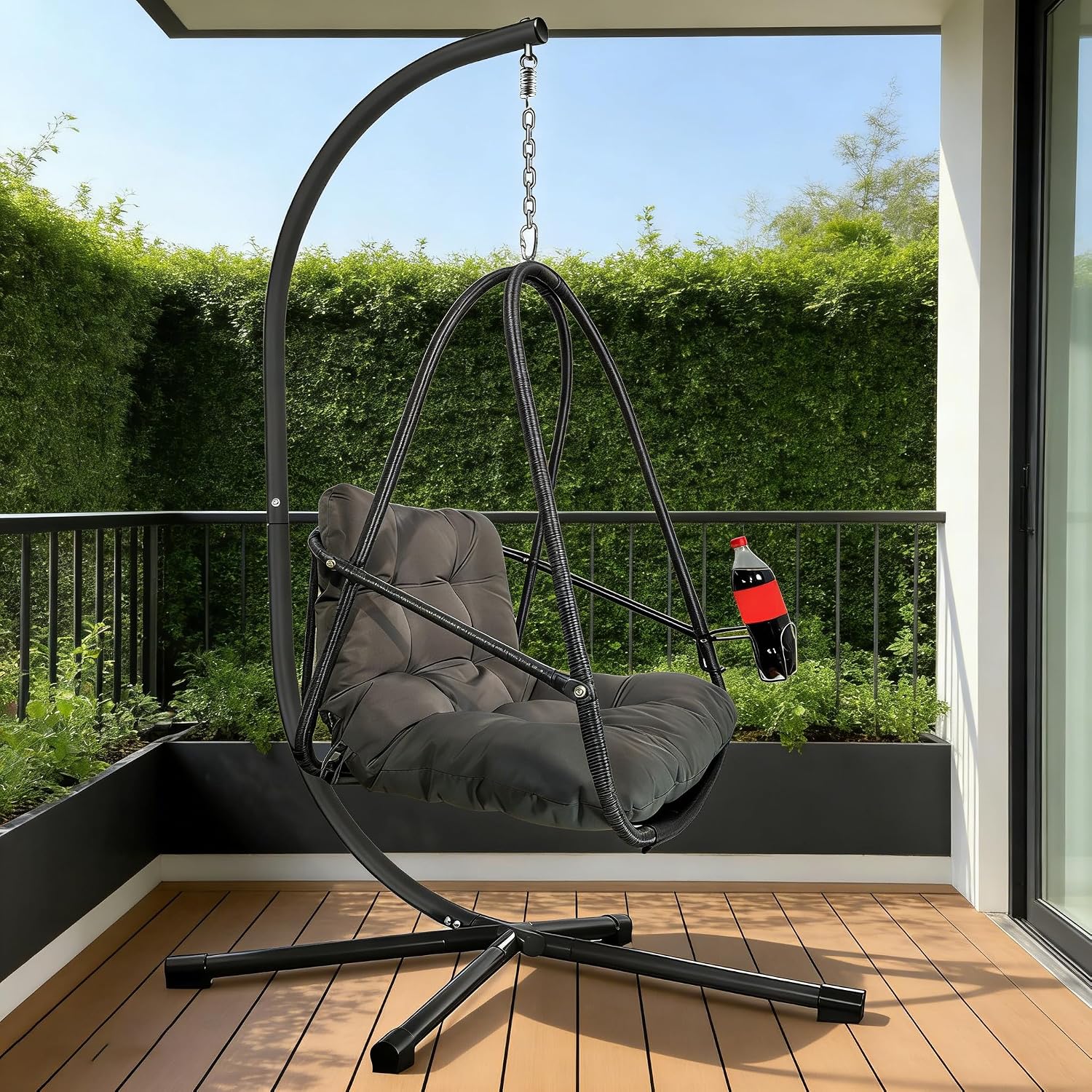 JESE Swing Egg Chair with Stand - UV Resistant & Waterproof Cushion Included, with Cup Holder - Indoor/Outdoor Hanging Hammock Chair Suitable for Patio, Bedroom, Balcony, Garden (Black)