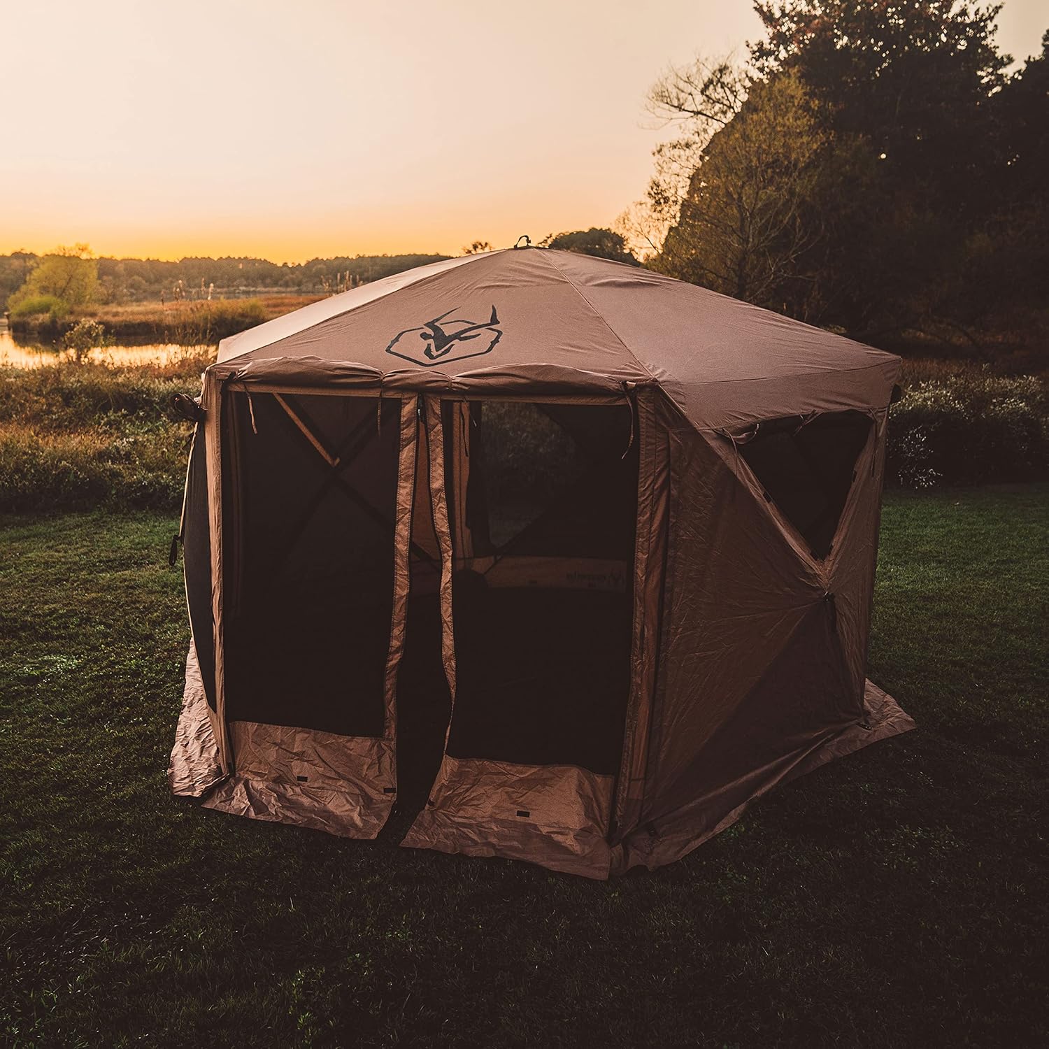 Gazelle Tents™, G6 Deluxe 6-Sided Portable Gazebo, Easy Pop-Up Hub Screen Tent, Waterproof, UV Resistant, Attached Wind Panels, 8-Person & Table, Badlands Brown, 86' x 124' x 124', GG610BR