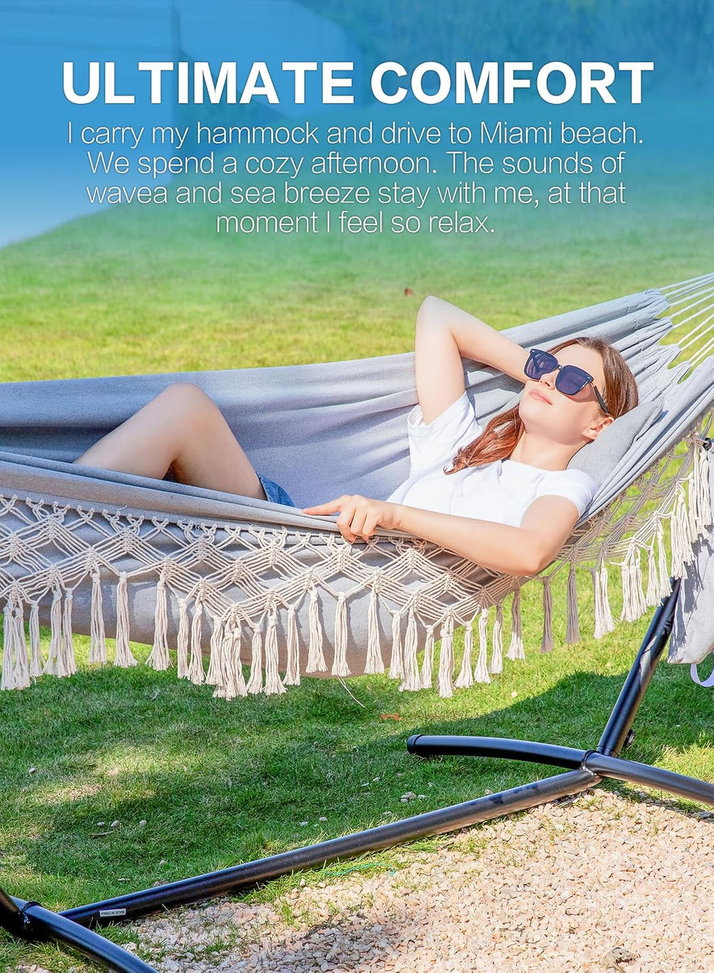 PNAEUT Handmade Tassel Hammocks, Double Hammock with Stand for Outside, Max 450 lbs Capacity, Pillow & Storage Bag Included (Grey)