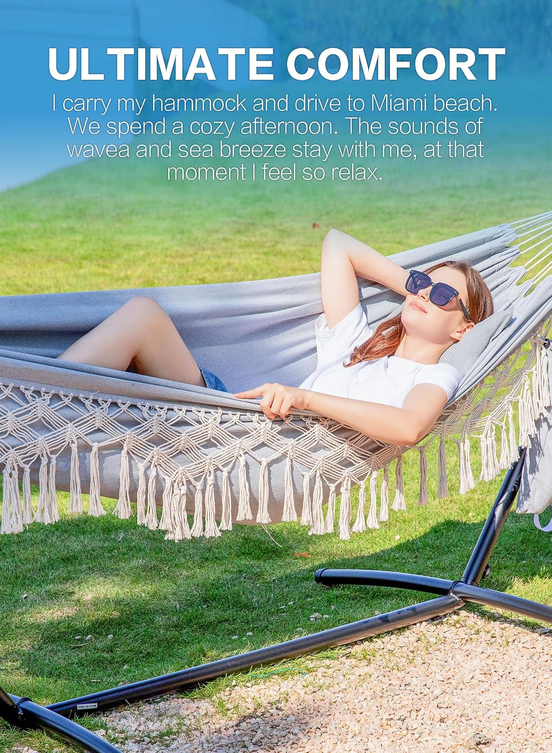 PNAEUT Handmade Tassel Hammocks, Double Hammock with Stand for Outside, Max 450 lbs Capacity, Pillow & Storage Bag Included (Grey)