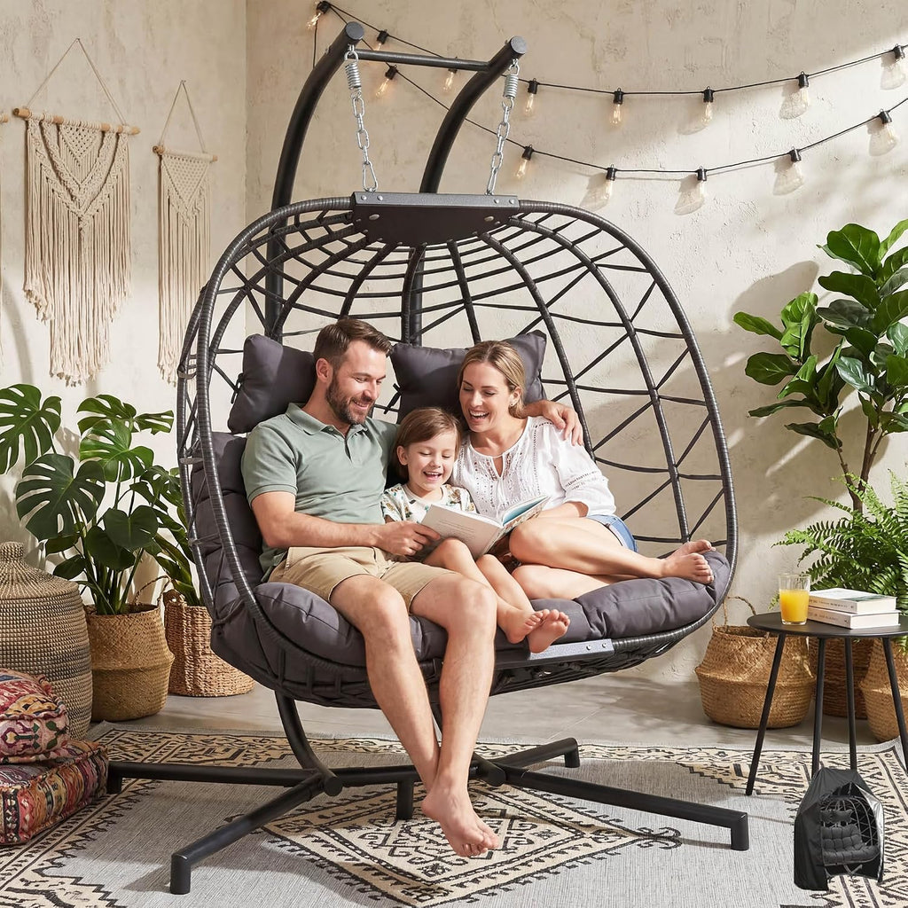 RADIATA Double Egg Swing Chair with Stand and Cover, Extra Large Egg Chairs Swing Outdoor, 2 Person Comfy Wicker Loveseat with Padded Cushion for Indoor Backyard Balcony Porch, Dark Gray