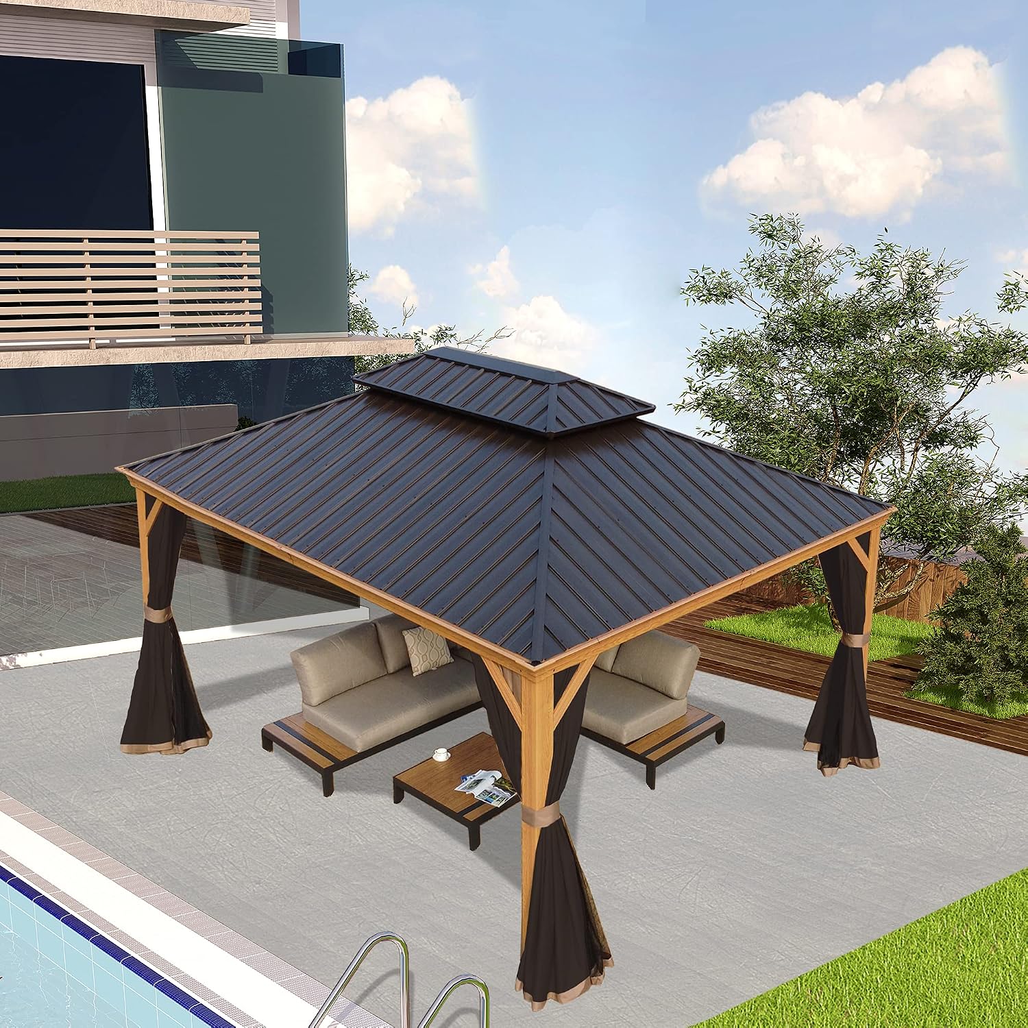 Kozyard Apollo 12'x16' Hardtop Gazebo, Wooden Coated Aluminum Frame Canopy with Galvanized Steel Double Roof, Outdoor Permanent Metal Pavilion with Netting for Patio, Deck and Lawn (12ft x 16ft)