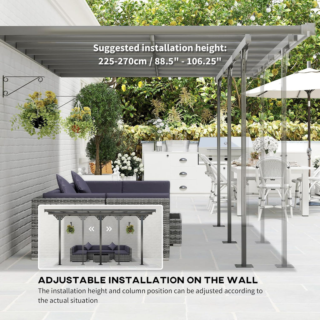 Outsunny 14.5' x 10' Outdoor Polycarbonate Pergola, Transparent UV Blocking Awning, Hardtop Deck Gazebo with Adjustable Posts and Height, Aluminum, Gray