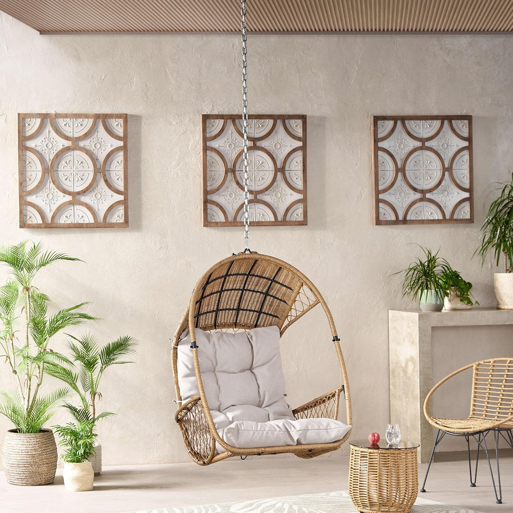 GDF Studio Indoor/Outdoor Wicker Hanging Chair with 8 Foot Chain (NO Stand),Egg Swing Hammock Chair,Wicker Egg Chair with Cushion for Patio Bedroom Porch Garden,400Lbs Capacity,Light Brown and Beige