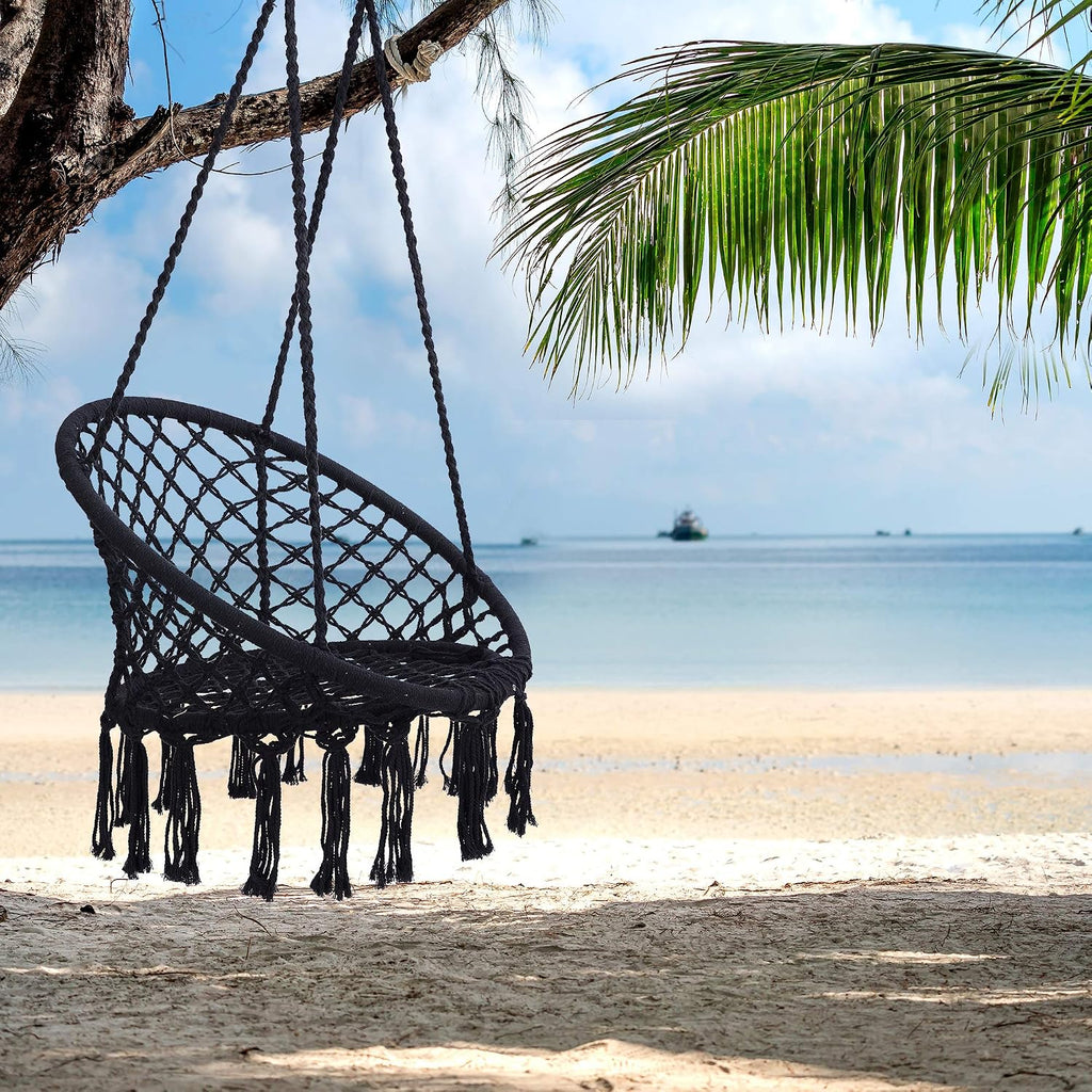Hanging Swinging Chair, Macrame Hammock Hanging Swinging Chairs with Soft Cushions and Hardware Accessories, Hanging Chair for Indoor and Outdoor Use, 3 Installation Methods, Beige (2, Black)