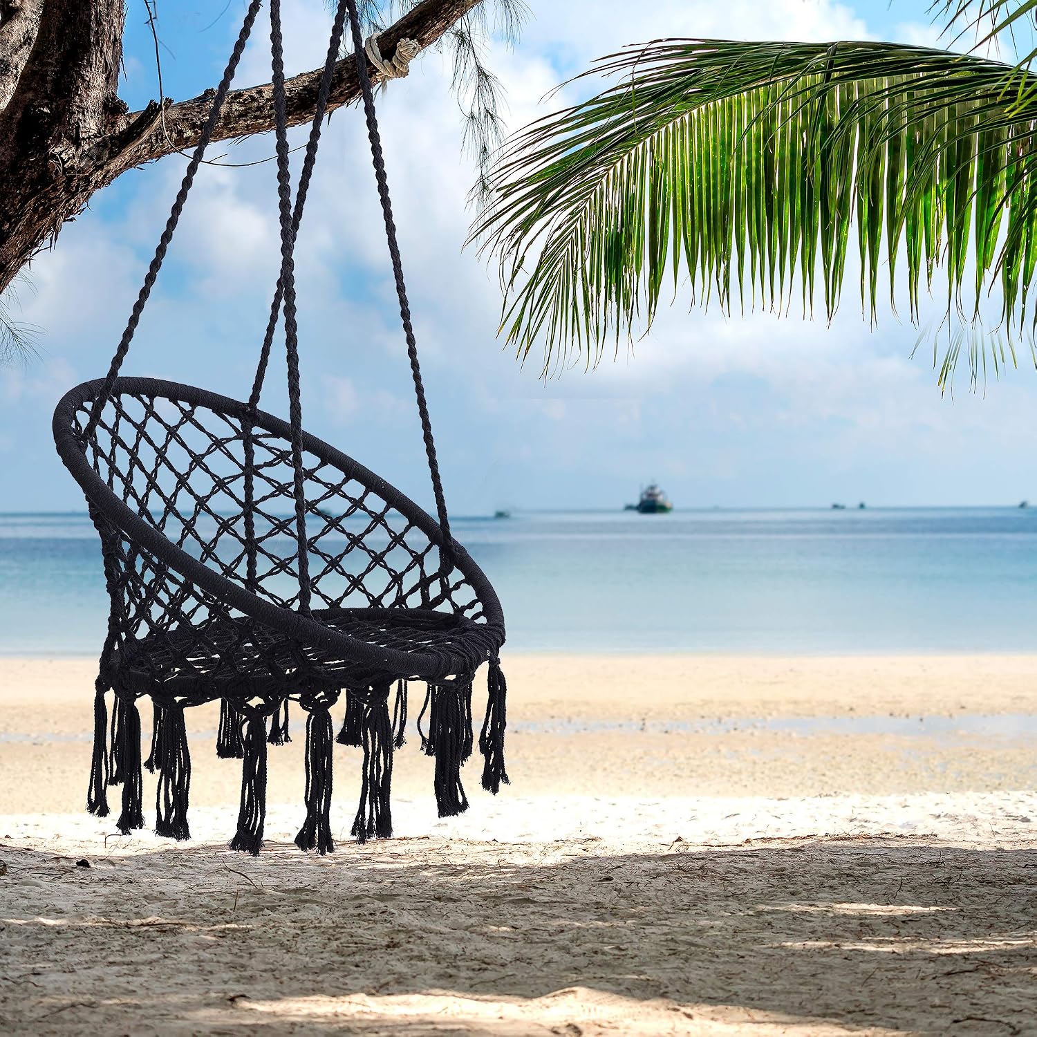 Hanging Swinging Chair, Macrame Hammock Hanging Swinging Chairs with Soft Cushions and Hardware Accessories, Hanging Chair for Indoor and Outdoor Use, 3 Installation Methods, Beige (2, Black)